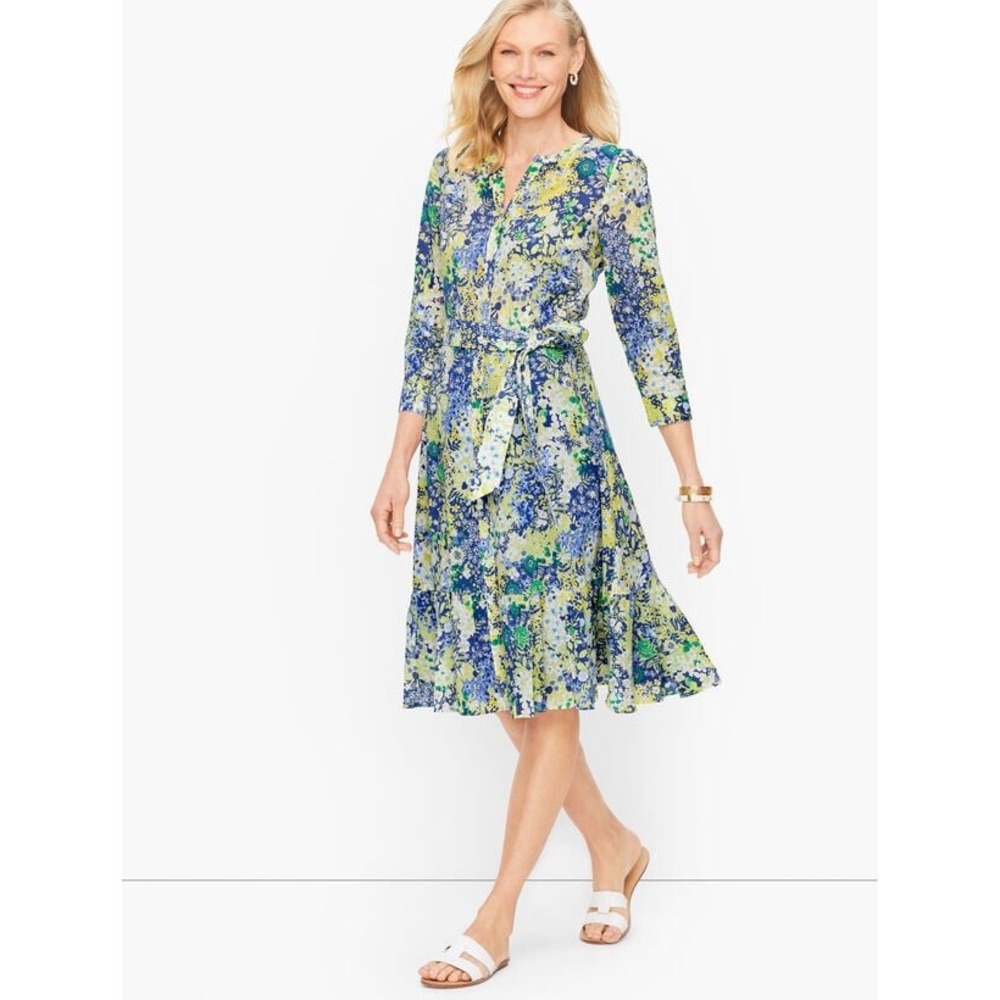Talbots Butterfly Garden‎ Floral Cotton Tie Waist Ruffle Hem Dress Blue Green 14